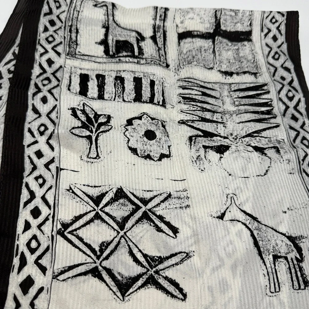 Jones New York Silk Scarf Brown Cream Giraffe Woodblock Print Ribbed 10x52
